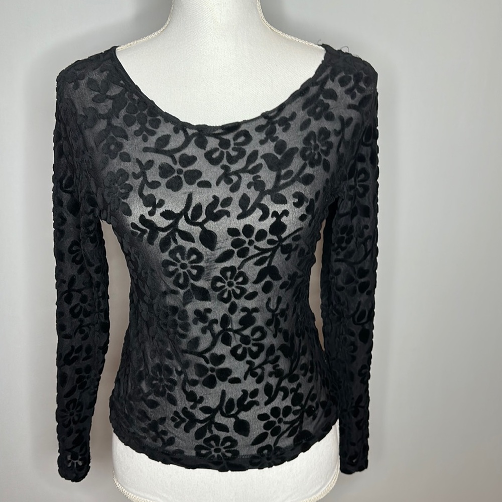 Top this black long sleeve see through top blouse size large vintage 1980